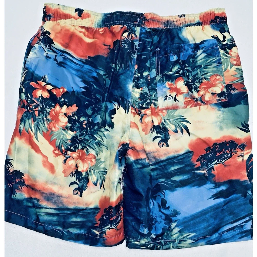 Merona Mens L Blue Orange Beach Aloha Floral Board Shorts Swim Trunks Drawstring